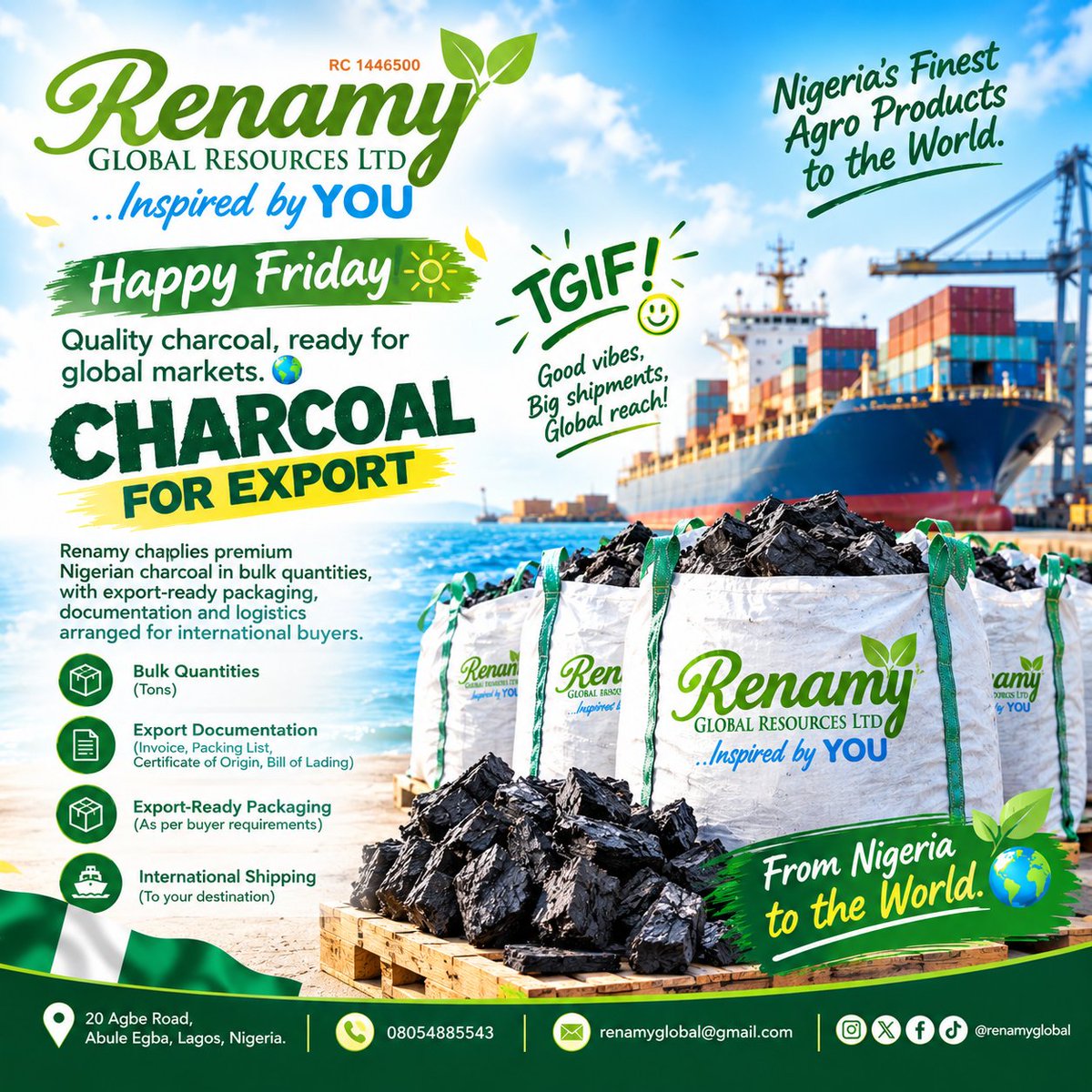 renamyglobal1's tweet photo. Renamy supplies quality Nigerian charcoal in bulk quantities, with packaging, documentation and export logistics arranged for international buyers.

Charcoal ready to travel. 🇳🇬✈️🌎

#NigerianCharcoal #CharcoalExport #RenamyGlobal #AgroExport https://t.co/1lE332AzL3
