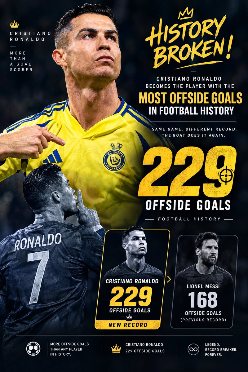 BrainardScoles's tweet photo. 🚨 BREAKING; 229 OFFSIDE GOALS?! 😭

Cristiano Ronaldo has reportedly broken the record for the most offside goals in football history. 🇵🇹

Ronaldo: 229
Messi: 168

Do I need to remind you that the GOAT debate is over? https://t.co/3beHJRv1sw