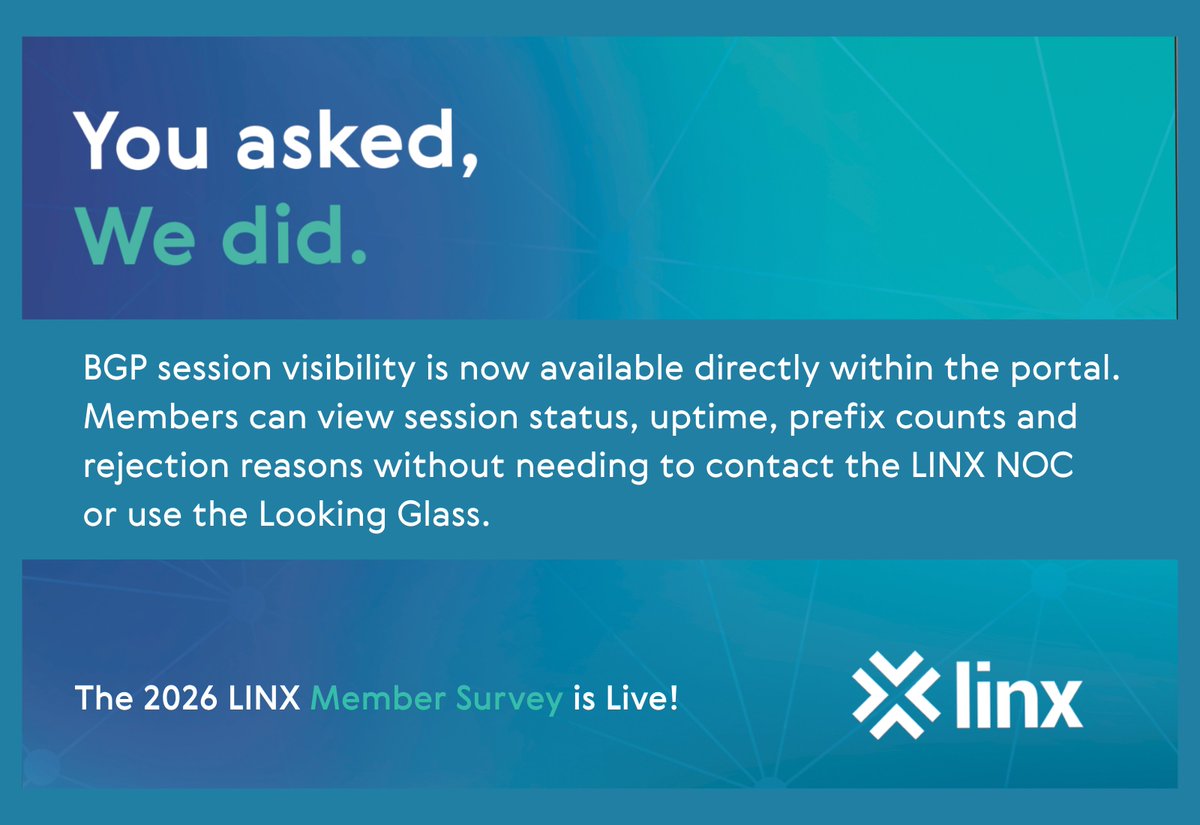 LINX_Network's tweet photo. The LINX Member Survey is closing next week, if you haven't yet completed it please take a moment if you can. (you can also win one of ten £50 Amazon vouchers for taking part)

https://t.co/J9BmkN46Rg

Following last years survey we made some positive changes.

In 2025, You said..."Enhance Portal for traffic analytics and offer advanced monitoring and traffic insights that help members optimise their networks"

So we made BGP session visibility available directly within the portal. LINX members can view session status, uptime, prefix counts and rejection reasons without needing to contact the NOC or use Looking Glass.

We've also improved BGP workflow management with clear confirmation when changes are complete, and introduced maintenance and outage visibility so members can quickly see planned and active work affecting their services.

Take a look https://t.co/naylRS7cQN

#YouSaid #WeDid #LINX #BGP #Portal #NetworkTraffic #IXP