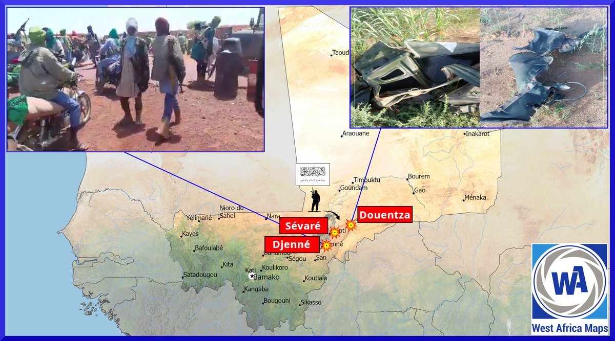 Wamaps_news's tweet photo. MALI 🇲🇱 | Le JNIM continue sa montée en puissance sur le sol malien avec 3 nouvelles attaques recensées le jeudi 24 septembre dans la région de Mopti.

🔶 L'organisation terroriste a de nouveau ciblé l'aéroport de Sévaré, déjà fortement touché le 14/09.
Si plusieurs drones de confection 🇹🇷 Bayraktar TB2 et Akıncı avaient été détruits et une trentaine de soldats neutralisés le 14/09, le bilan matériel et humain de cette seconde attaque reste inconnu pour le moment. 
L'organisation terroriste n'a pas revendiqué cette attaque sur sa chaîne de propagande. 

⚠️ 2 autres offensives ont toutefois été clairement revendiquées par le groupe terroriste: 

 ⚫️ Le JNIM a publié des photos montrant les restes d’un véhicule appartenant aux FAMa🇲🇱 ainsi que d’un véhicule de l’Africa Corps🇷🇺, qui auraient été détruits aujourd’hui par un IED sur une route près de Douentza. 
Tous les occupants des véhicules auraient été tués ou blessés lors de l'attaque.
(📸 photos sur la carte ci-dessous)

⚫️ Le JNIM a également pris le contrôle d'un camp militaire situé au carrefour Djenné , passage très fréquenté de la route de Mopti utilisé comme point d'escale par la population locale et les forces de sécurité. Pas de détails pour le moment sur le bilan humain mais du matériel militaire a été récupéré. 
(📽️ vidéo en commentaire)

➡️ Le lieu précis des débuts de l'attaque du camp @FAMa a été géolocalisé par @zarGEOINT : 13°50'51.4"N 4°18'47.7 W
