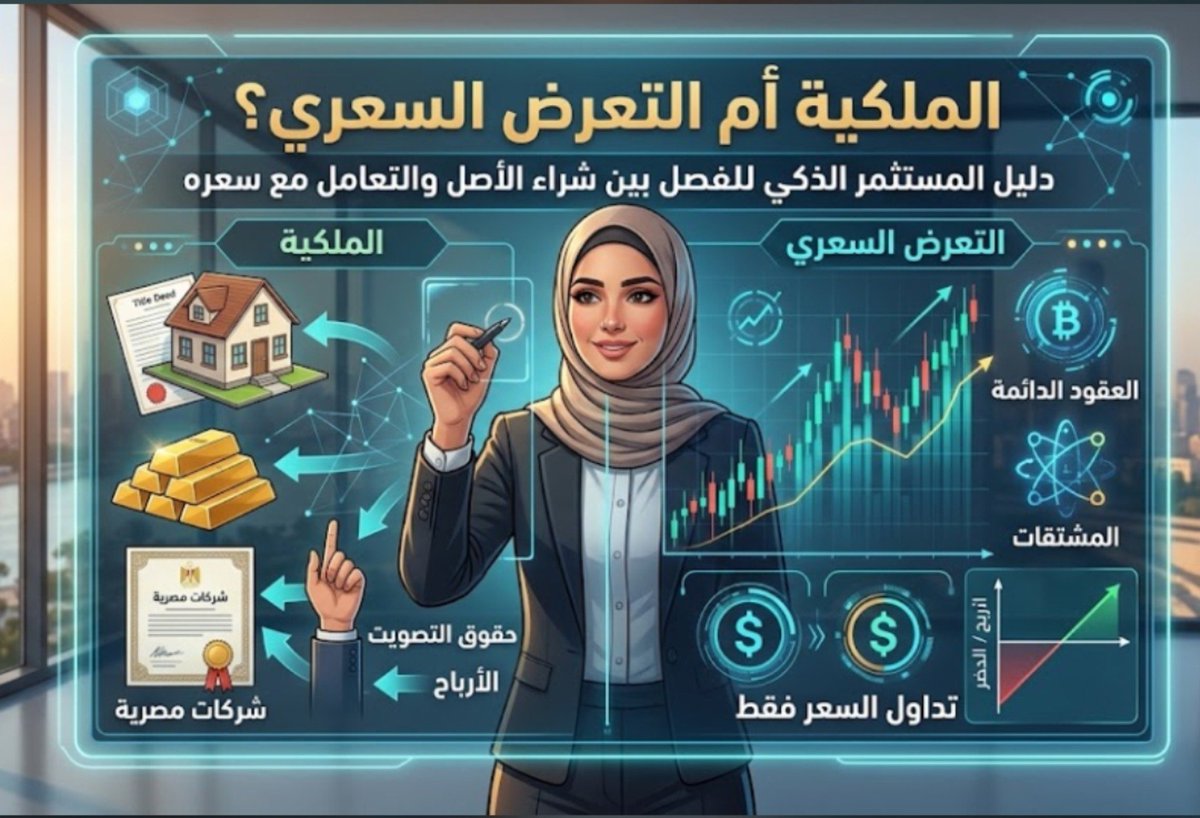 Shosha36602's tweet photo. ركزو معايا 🫂 🕶️ 
الملكية أم التعرض السعري؟ دليل المستثمر الذكي للفصل بين شراء الأصل والتعامل مع سعره
عندما تقرر دخول عالم الاستثمار والأسواق المالية، فإن أول سؤال يجب أن تطرحه على نفسك ليس "ما الذي سأستثمر فيه؟"، بل "كيف سأستثمر فيه؟ وهل سأمتلك الأصل فعليًا أم سأتأثر بسعره فقط؟".
في ظاهره، قد يبدو الفرق بسيطًا أو غير مهم ما دام الهدف النهائي هو تحقيق الربح، لكن في الواقع المالي، يمثل هذا الاختلاف خطًا فصلاً يغير تمامًا من طبيعة المخاطر والحقوق والتزاماتك القانونية والمالية.
أولاً: ملكية الأصل (Ownership)
امتلاك الأصل المالي يعني أنك أصبحت الصاحب الفعلي لشيء مادي أو حقيقي. فعندما تشتري سهمًا في شركة على سبيل المثال، فإنك لا تشتري أرقامًا تتحرك على الشاشة فحسب، بل تمتلك حصة حقيقية في هذه الشركة، يترتب عليها حقوق مثل:
التصويت في الجمعيات العمومية.
الحصول على أرباح مجمعة (Dividends) عند توزيعها.
الأمان القانوني بامتلاك الأداة المالية مباشرة باسمك.
وكذلك الحال عند شراء سبائك الذهب الحقيقية أو العقارات؛ فالمادة المملوكة تخضع لسيطرتك المباشرة وتحفظ باسمك.
ثانياً: التعرض السعري (Price Exposure)
على الجانب الآخر، توفر الأسواق المالية التقليدية (TradFi) والحديثة أدوات شائعة مثل العقود الدائمة (Perpetuals) أو المشتقات المالية (Derivatives) أو صناديق المؤشرات.
في هذه الحالة، أنت لا تمتلك الأصل إطلاقًا؛ فلا توجد سبائك ذهب مخزنة باسمك، ولا حصص أسهم تُسجل في سجلات الشركة. كل ما تملكه هو عقد أو أداة مالية تتبع حركة سعر الأصل (Price Exposure).
إذا ارتفع سعر الأصل، يرتفع مركزك المالي وتتحقق الأرباح.
إذا انخفض السعر، تتأثر محفظتك بالسلب.
لكنك في النهاية تتداول السعر فقط، دون الحصول على حقوق الملكية المباشرة مثل أرباح الأسهم أو حيازة الأصل المادي
انا هنا بقدم خبرتي واللي بيحصل معايا فقط مجرد مقال تعليمي فقط 
تابعني #shosha
#binance 
#GoldTrading