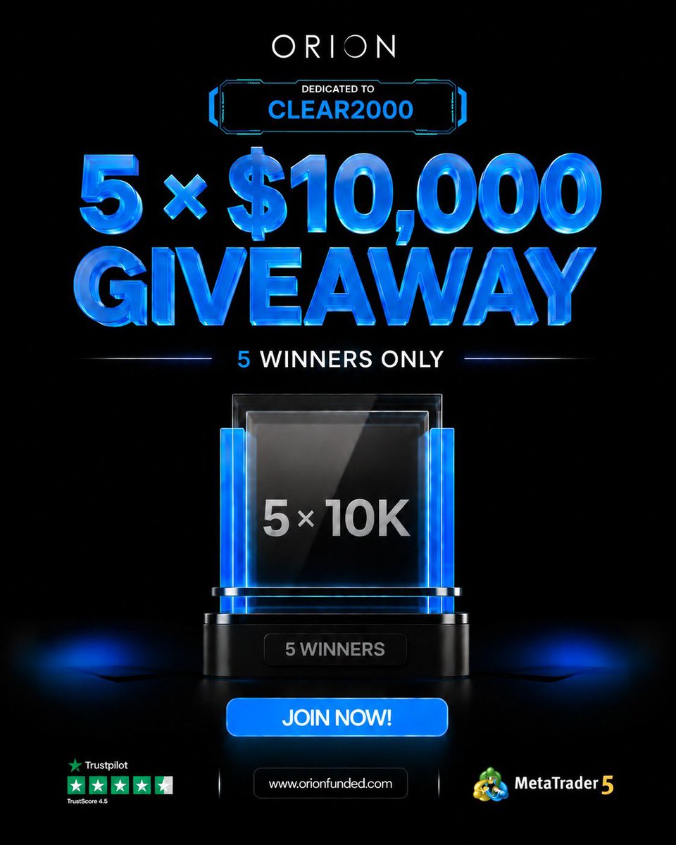 CLEARFX_'s tweet photo. 🚨 GIVEAWAY ALERT 🚨

5x$10K Giveaway 🎁🎈

Enjoy 50% OFF discount with code:CLEAR2000

To Enter :

🔹Follow : @Orionfundedcom @OrionAffiliates @clearfx_ @tagwayefx
🔹Like &amp; Repost 
🔹Tag 3 Friends
🔹Sign up : https://t.co/pWWqAHRTIi

Winners in 3days https://t.co/Nq0ujgaVb4