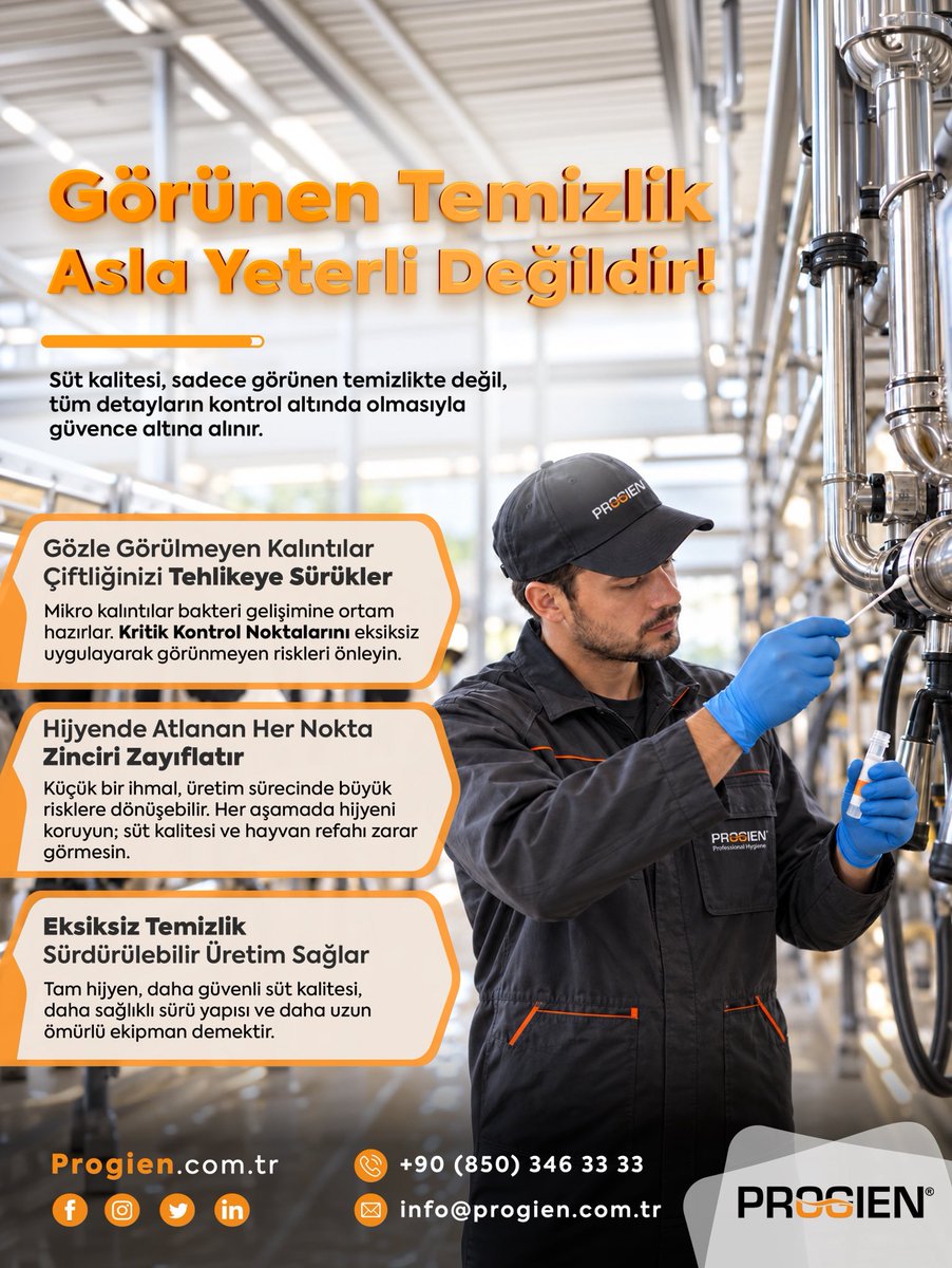 progientr's tweet photo. Görünen temizlik, her zaman gerçek hijyen anlamına gelmez. 🧼🔍

Üretim ve sağım sistemlerinde gözle fark edilmeyen mikro kalıntılar; zamanla bakteri gelişimine zemin hazırlayarak süt kalitesini, ekipman hijyenini ve üretim güvenliğini olumsuz etkileyebilir. https://t.co/eChGACNDaO
