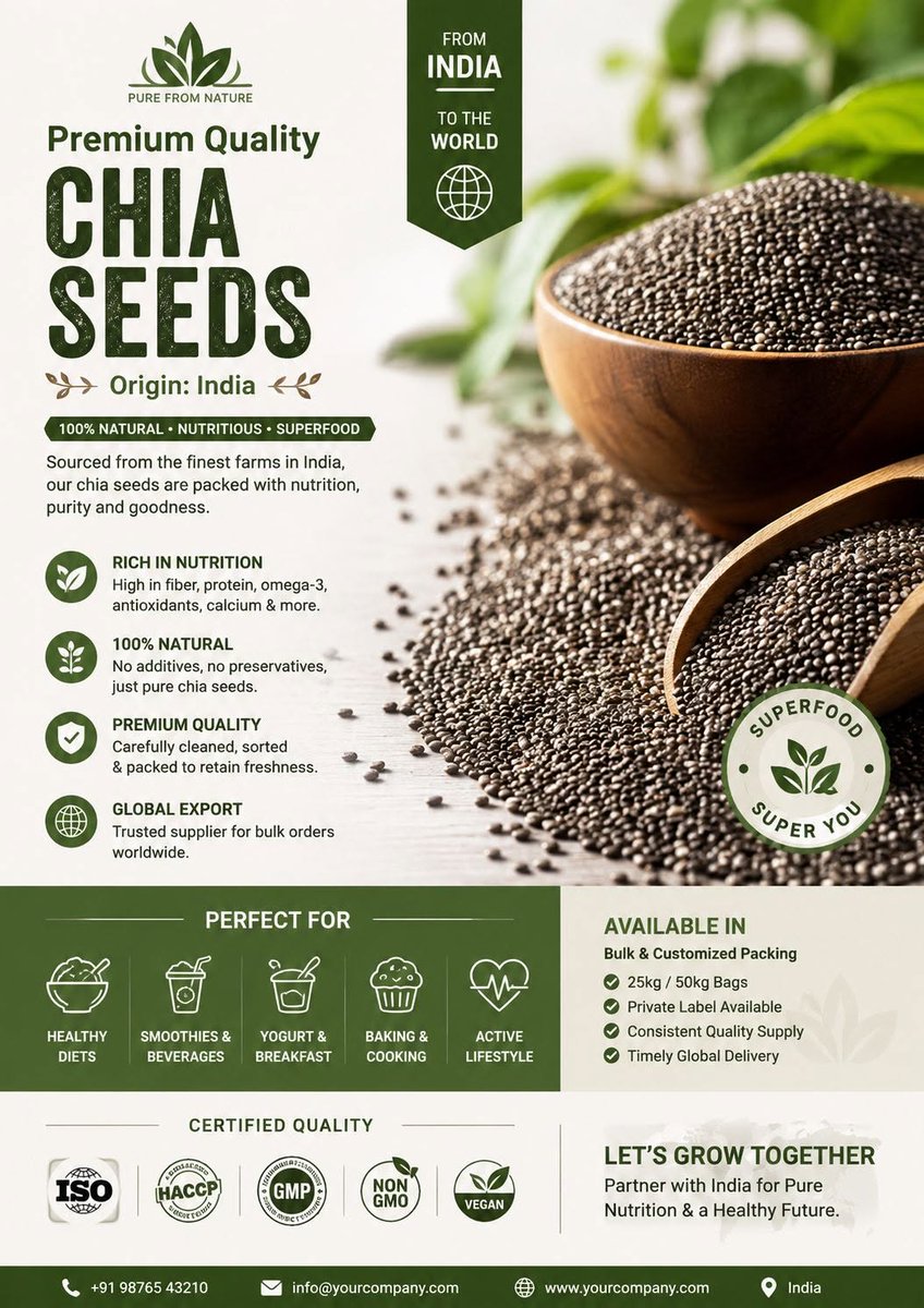 KChurachandpur's tweet photo. Premium Indian Chia Seeds – Available for Export!
Looking for high-quality Chia Seeds from India for your import or distribution business?
#ChiaSeeds #IndianChiaSeeds #ChiaSeedsExport #FoodExport #IndiaExport #HealthyFood #Superfood #BulkChiaSeeds #FoodImporters #GlobalTrade https://t.co/X4nXsSdTYK