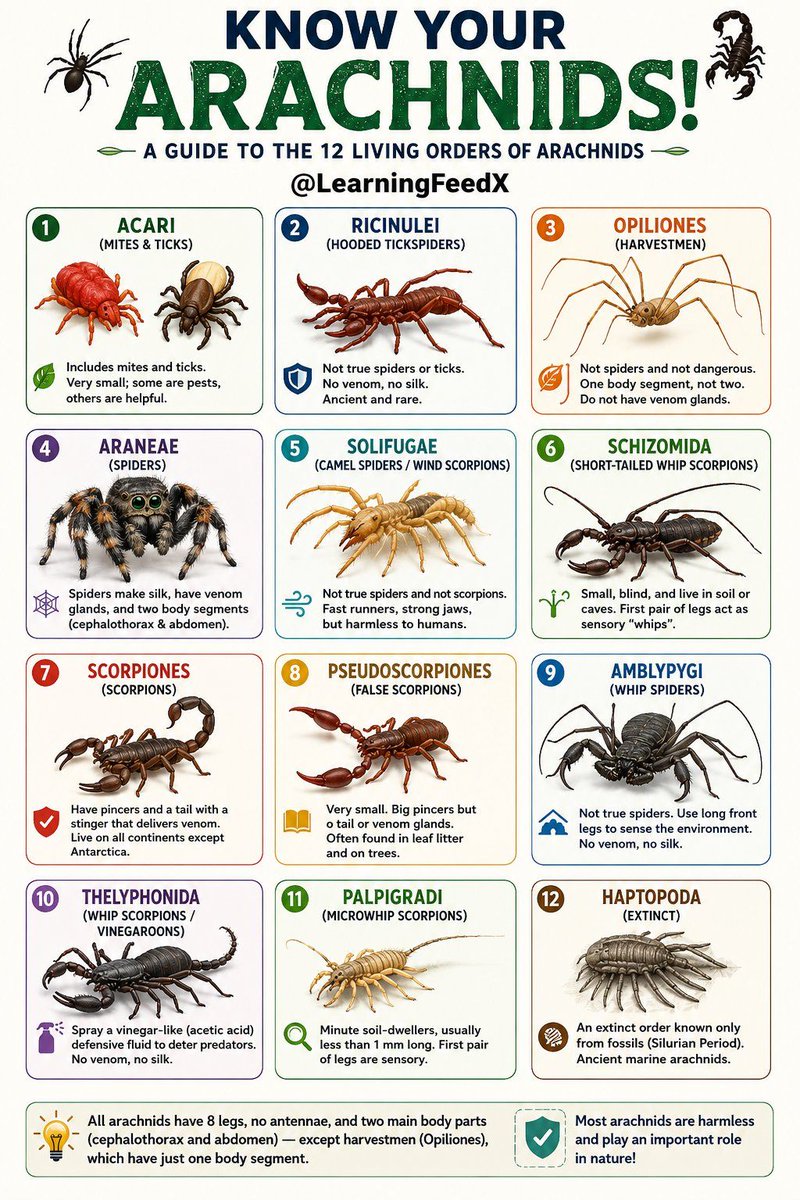 AIGuideHQ's tweet photo. Know Your Arachnids

 Follow for more @AIGuideHQ https://t.co/otERNtkHm7