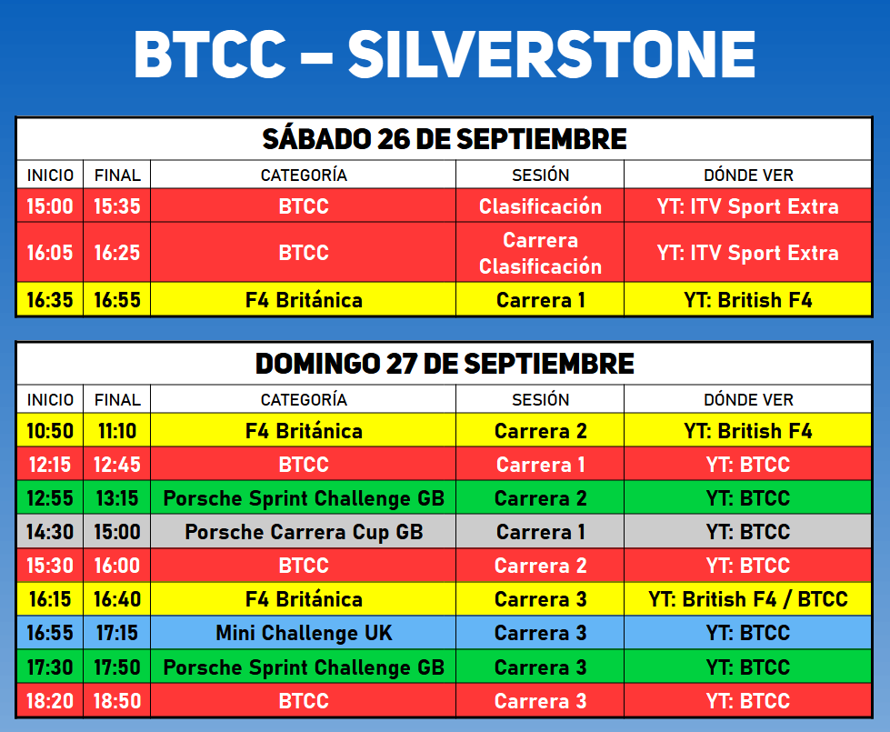 HorarioMotorESP's tweet photo. 🏎️🇬🇧 Horarios BTCC Silverstone

#BTCC #BritishF4 https://t.co/T74PK96bMe