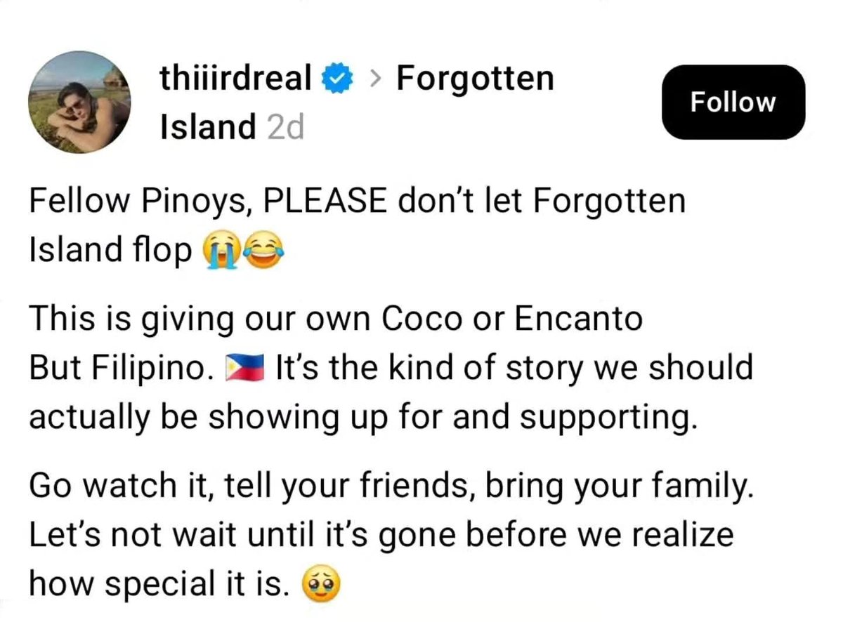 esmeralda_jake's tweet photo. HEY PINOY IN AMERICA AND CANADA,  PLEASE SUPPORT FORGOTTEN ISLAND, WATCH IT WITH FAMILY OR FRIENDS , TELL YOUR NON PINOY FRIENDS TO WATCH IT . IT'S NOT JUST FOR FILIPINO AUDIENCE THE STORY IS UNIVERSAL AND THE ANIMATION IS INCREDIBLE. https://t.co/XYO4Dfw96h