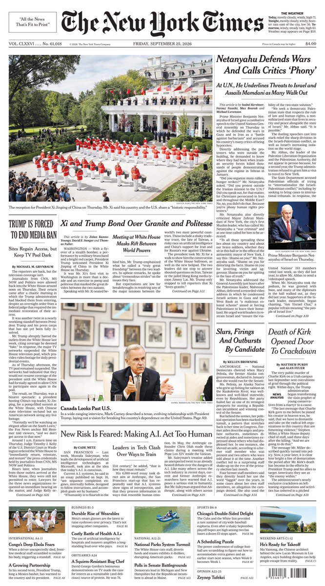 Intellicurious's tweet photo. THE NEW YORK TIMES - FRIDAY, SEPTEMBER 25, 2026 - FRONT PAGE
@nytimes In Trump’s White House, China’s Strongman Is Welcome. U.S. Media Less So; Russia Intensifies Its Focus on Ukraine’s Economy; Leo XIV, Trying to Be Everyone’s Pope, Tours Secular France
https://t.co/Q60SdGJehF https://t.co/Y7bnr51VFe