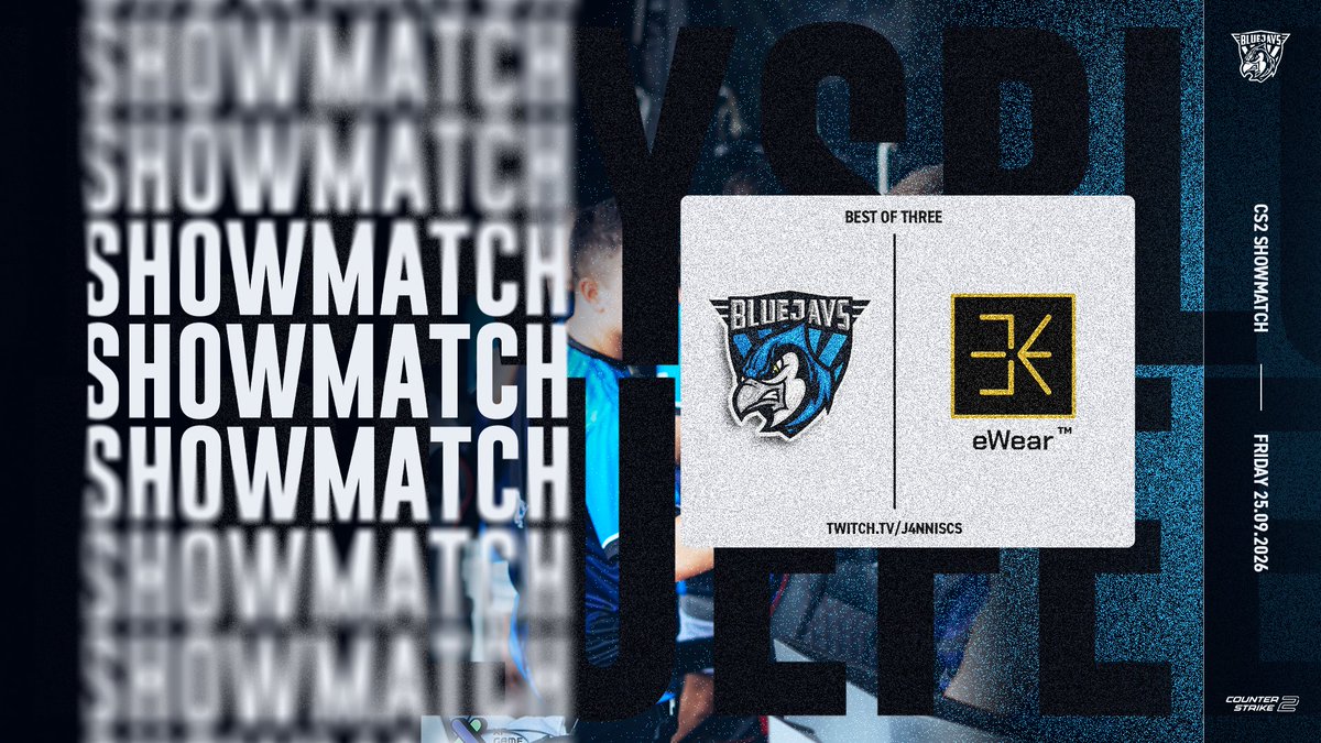 BLUEJAYS_Sports's tweet photo. THE WAIT IS OVER. 👀🔥
Tonight, we’re teaming up with our partner @eWear_company for a special CS2 Showmatch!
Our BLUEJAYS Talents roster will step onto the server against the eWear Staff Team in a BO3 - but tonight is about more than just the result. Expect some fun, giveaways and a few surprises along the way. 👀

🎮 BLUEJAYS Talents vs. eWear Staff
⚔️ Best of 3
🕖 LIVE from 19:15 CEST
📺 https://t.co/zgwyf0KLze 
Grab some snacks, tune in and enjoy the show! 💙
Who are you backing tonight? 👀

🎙️ @j4nnisCS / 🎥 @papserino