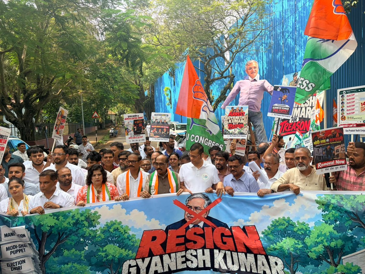 INC_Television's tweet photo. Every vote is the voice of a citizen.

The @INCGoa, under the leadership of AICC Incharge @Manikrao_INC ji and GPCC President @girishgoaINC ji, took to the streets in protest against CEC Gyanesh Kumar today.

Our demand is clear: Immediate arrest and prosecution of CEC Gyanesh Kumar.

The movement for accountability will continue until justice is served.

📍Goa