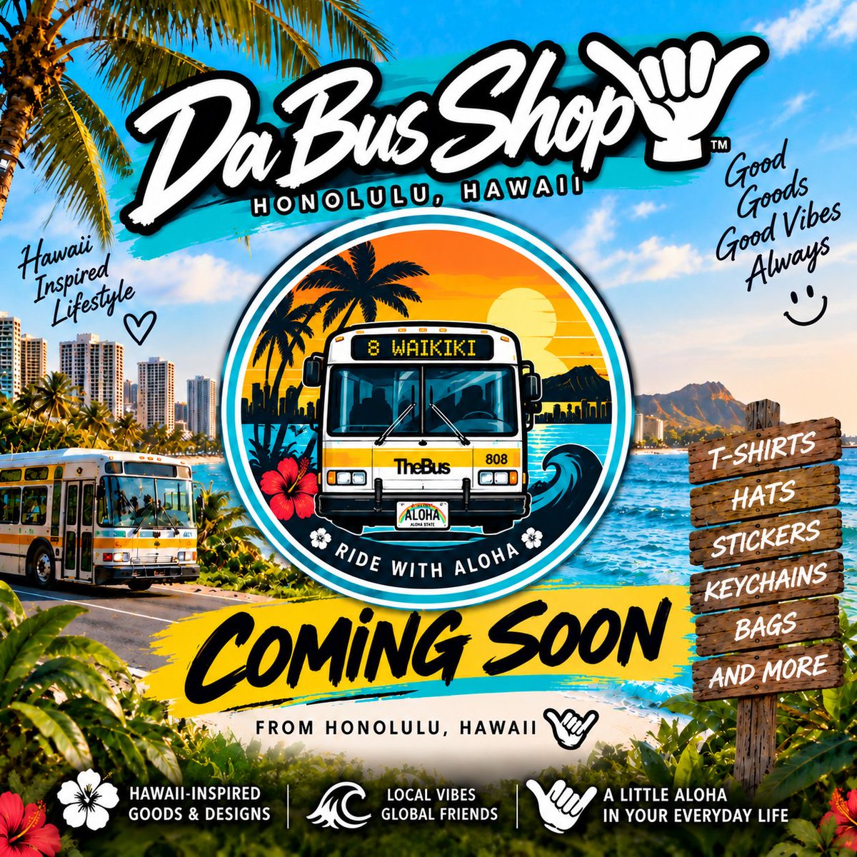 DaBusShop's tweet photo. 🌺 ホノルルからアロハ!🤙🏼
ハワイのバスとローカルライフをテーマにした
Da Bus Shop™ がまもなくスタート!🚌🌴
ハワイらしさを詰め込んだオリジナルグッズを
ホノルルからお届けします🤙🏼
COMING SOON...
#DaBusShop #Honolulu #Hawaii #ハワイ #ハワイ好き #ComingSoon https://t.co/GrfEOUSxKm