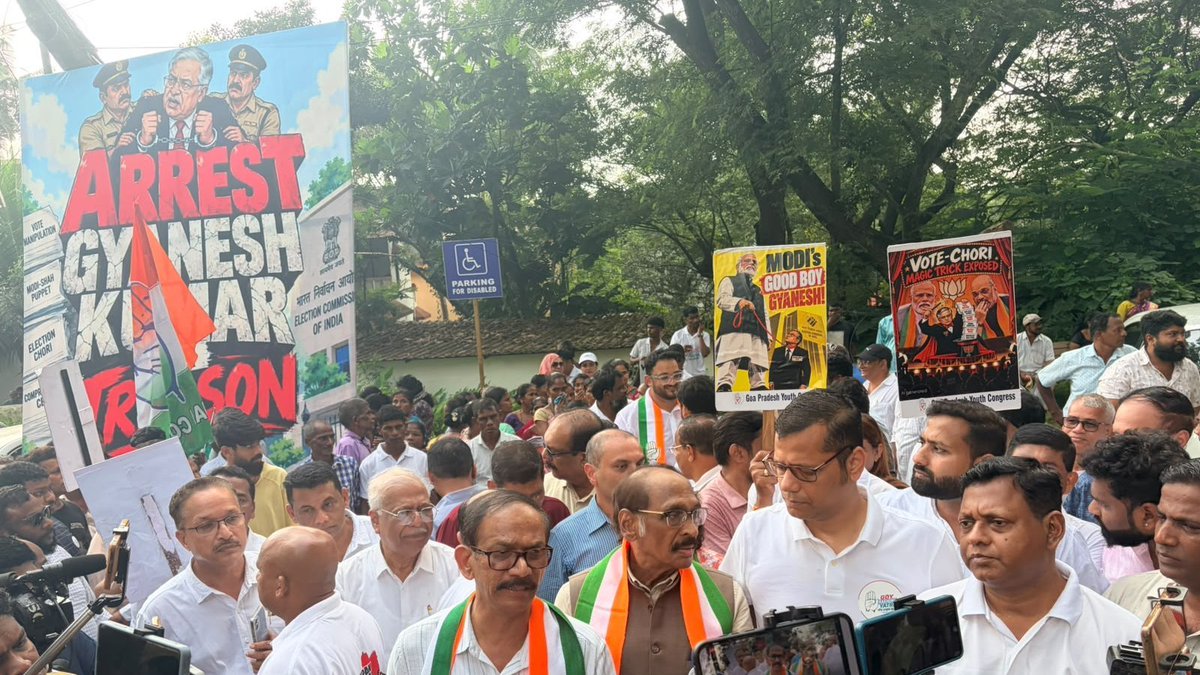 INC_Television's tweet photo. Every vote is the voice of a citizen.

The @INCGoa, under the leadership of AICC Incharge @Manikrao_INC ji and GPCC President @girishgoaINC ji, took to the streets in protest against CEC Gyanesh Kumar today.

Our demand is clear: Immediate arrest and prosecution of CEC Gyanesh Kumar.

The movement for accountability will continue until justice is served.

📍Goa