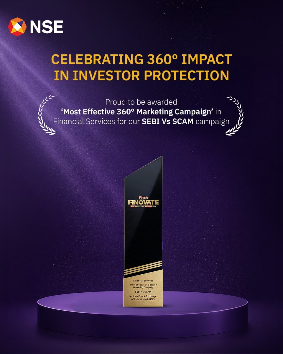 NSEIndia's tweet photo. We are honoured to be recognised with ‘Most Innovative Marketing Campaign’ and ‘Most Effective 360° Marketing Campaign’ in Financial Services for our #SEBIvsSCAM campaign.
From driving financial literacy to helping investors identify and stay alert of fraudulent schemes, the campaign was created to make investor protection more visible, accessible and actionable.
A big thank you to our teams, partners and every investor who believes in making informed choices.
#NSE #NSEIndia #InvestorAwareness #FinancialLiteracy #InvestorProtection @ashishchauhan