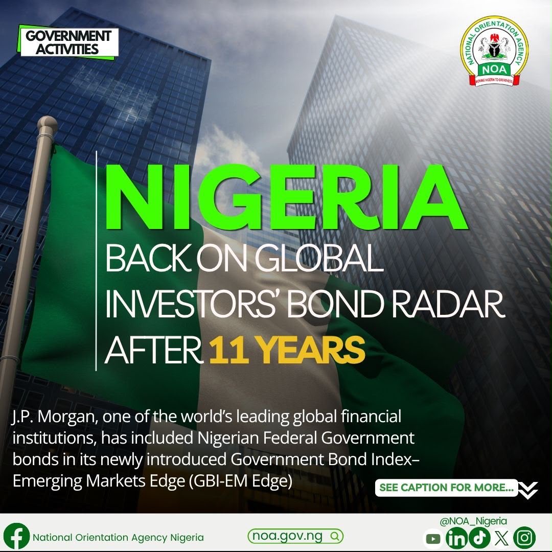 NOA_Nigeria's tweet photo. NIGERIA BACK ON GLOBAL INVESTORS’ BOND RADAR AFTER 11 YEARS 

Click  👉🏼 https://t.co/E7Oo9Dgk5l to read more https://t.co/h5jIk3B7Wy