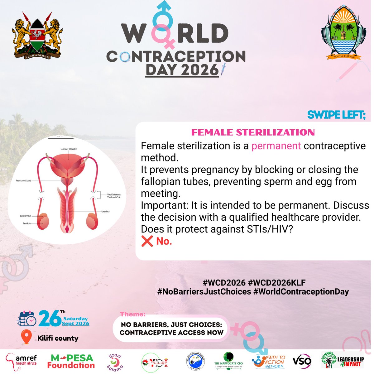 MghendiP's tweet photo. Considering a permanent contraceptive option? Female sterilization is an option for those who are sure they don’t want future pregnancies.
@DOHKilifi @Amref_Kenya @MPESA_FDN @Youth_Dare @MadvocateCbo
#WCD2026 #WCD2026KLF #NoBarriersJustChoices #ContraceptiveAccessNow https://t.co/x1kycSgFb6