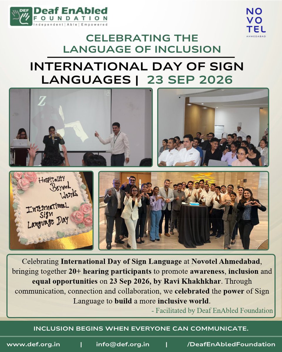 deafenabled's tweet photo. Inclusion begins when everyone can communicate! We celebrated International Day of Sign Languages at Novotel Ahmedabad with 20+ participants on Sept 23, working together to promote awareness, connection, and equal opportunities.

#DEF #ISL #InternationalDayOfSignLanguages #deaf https://t.co/74EI8m4tQh