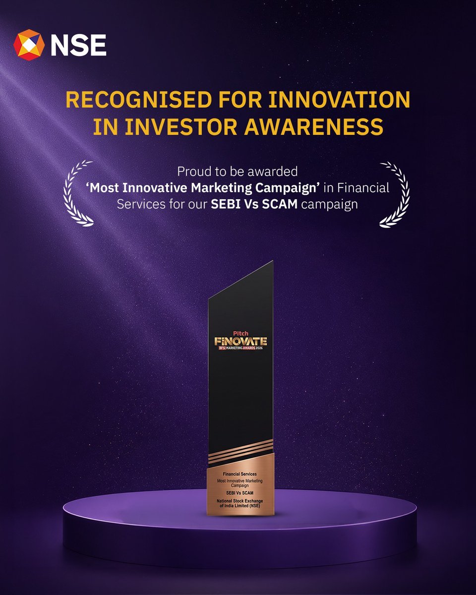 NSEIndia's tweet photo. We are honoured to be recognised with ‘Most Innovative Marketing Campaign’ and ‘Most Effective 360° Marketing Campaign’ in Financial Services for our #SEBIvsSCAM campaign.
From driving financial literacy to helping investors identify and stay alert of fraudulent schemes, the campaign was created to make investor protection more visible, accessible and actionable.
A big thank you to our teams, partners and every investor who believes in making informed choices.
#NSE #NSEIndia #InvestorAwareness #FinancialLiteracy #InvestorProtection @ashishchauhan