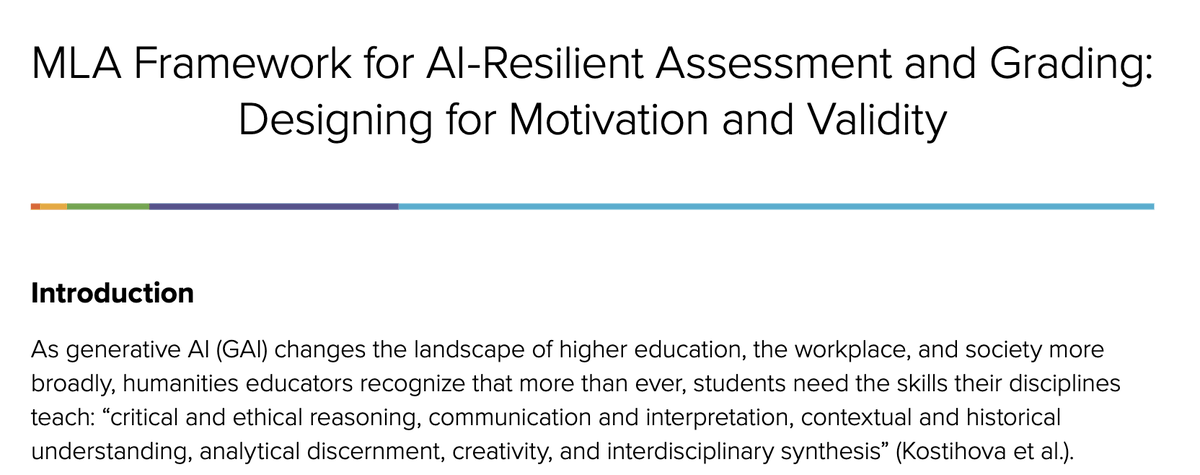 mettalrose's tweet photo. The MLA Framework for AI-Resilient Assessment and Grading is now public! It offers guidance for human-centered assessment cultures that support motivation, validity, agency, &amp; connection. Grateful to have helped create it with the @MLAnews AI &amp; Pedagogy Working Group: https://t.co/jLgCAwi19k