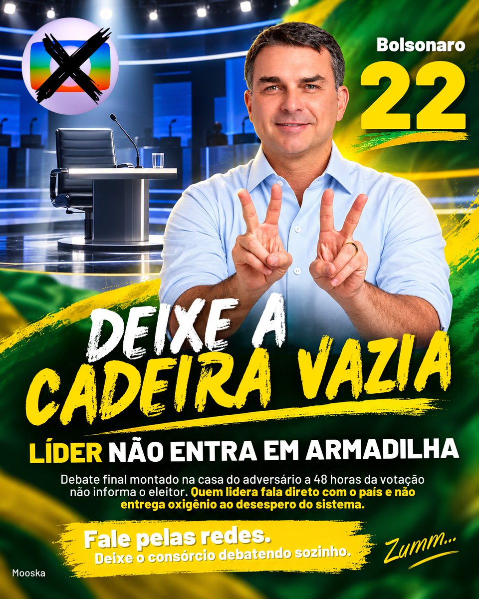 LagSignal's tweet photo. Mooska.

Regra básica de estratégia eleitoral: líder consolidado nas pesquisas não entra em emboscada montada na casa do adversário a quarenta e oito horas da votação.

O debate final na Globo não foi planejado para informar o eleitorado. É a última cartada desesperada do consórcio de imprensa para tentar fabricar a tal bala de prata que tire Lula da lona. O estúdio no Rio de Janeiro será um tribunal armado com regras sob medida, pronto para blindar o presidente em apuros e empurrar Flávio Bolsonaro para armadilhas ensaiadas.

Com chance real de liquidar a fatura no primeiro turno, o candidato da oposição não tem rigorosamente nada a ganhar e tudo a perder pisando naquele palco. Comparecer seria entregar o oxigênio que o adversário não tem nas ruas.

Deixe a cadeira vazia. 
Fale direto com o país pelas redes sociais e deixe o consórcio debatendo sozinho com o próprio desespero.
@FlavioBolsonaro 
@plnacional_ 
#Eleições2026 

Zumm...