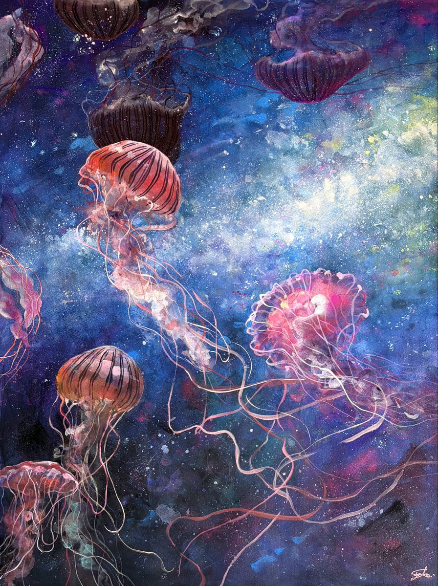 shokorian0122's tweet photo. 「銀河を泳ぐ」
水彩紙にアクリル（790×670mm）

#イラスト
#クラゲ
#絵柄が好みって人にフォローされたい https://t.co/jr1cxqtuFO