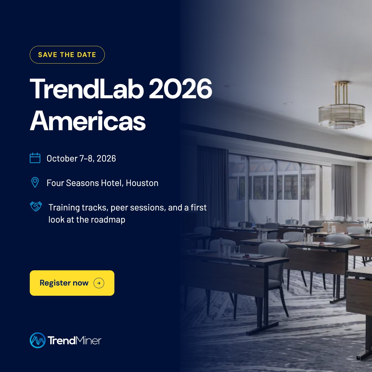 TrendMining's tweet photo. TrendLab 2026 Americas hits Houston Oct 7-8: two days of technical deep dives, peer-led sessions, and real use cases. Seats at the Four Seasons are limited.

 https://t.co/nYeh5ZmpIp

 #IndustrialAnalytics #TrendLab2026 https://t.co/mN1pS1e49V