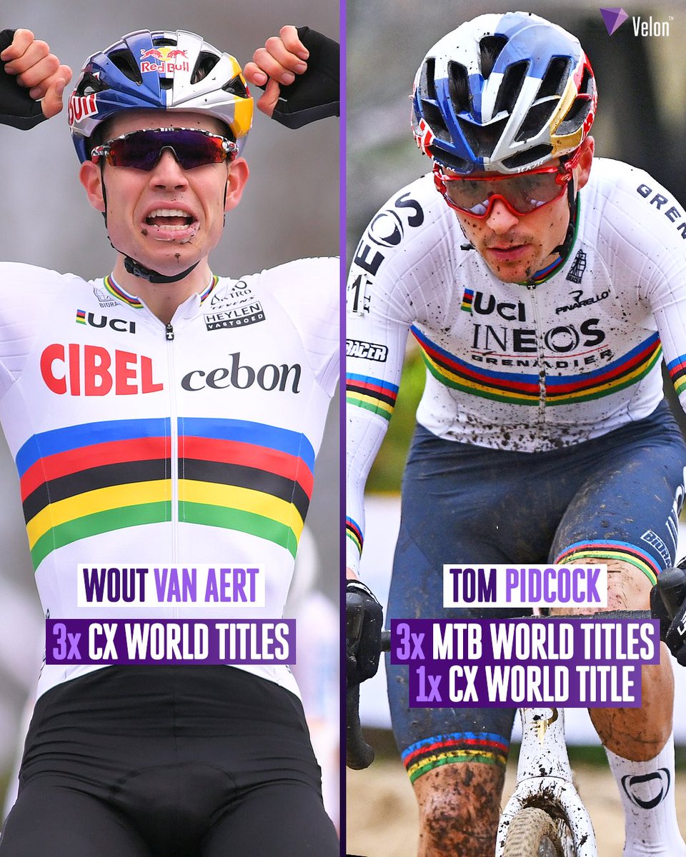 VelonCC's tweet photo. One rainbow left to chase 🌈

Wout van Aert and Tom Pidcock have both worn multiple rainbow jerseys in other disciplines. Now, they’ll have the chance to add a road world title to their palmarés at Montréal 2026.

📸 Getty Images https://t.co/GLyR0QcVON