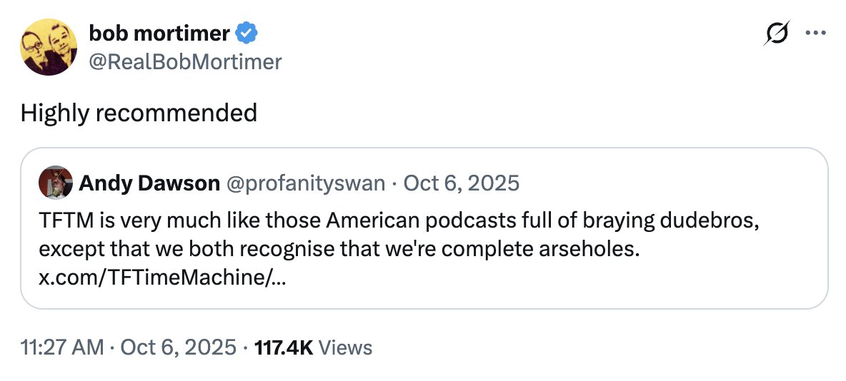profanityswan's tweet photo. If you've got a Mince-shaped pod-hole that you're looking to fill, please give my other pod, Top Flight Time Machine, a try. It's me and another bloke talking bollocks in our regional accents, so maybe not too much of a stretch. (@TFTimeMachine) https://t.co/f4wNone2Sr