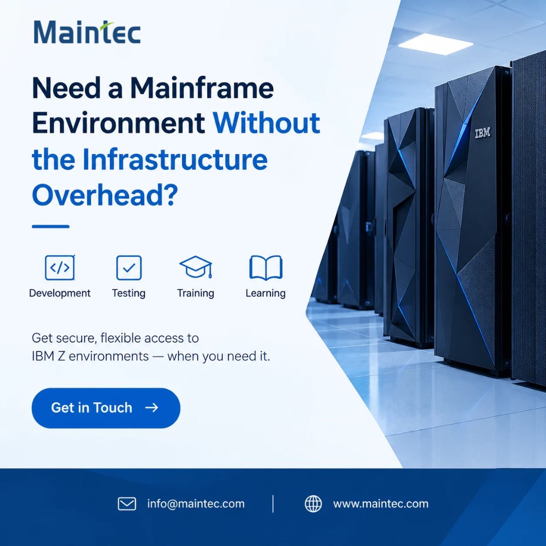 Maintec_Tech's tweet photo. Need mainframe access without the infrastructure overhead?

Get secure, flexible access to IBM Z environments for development, testing, training, and learning, without managing the underlying infrastructure.

 https://t.co/2hK0GI1kXD
#Mainframe #IBMZ #zOS #MainframeAccess https://t.co/PtFPICO99n