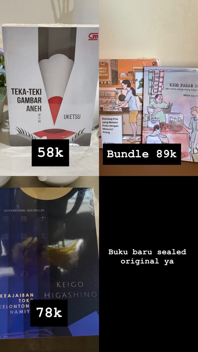 Theothersidee33's tweet photo. Wts buku baru murah sealed ya original

1. Teka-teki gambar aneh 55k
2. Budle seorang pria yang melalui dula dengan mencuci piring 85k
3. Keajaiban toko kelontong namiya 78k

Tag wtb wts https://t.co/Hh5HW28Mjt