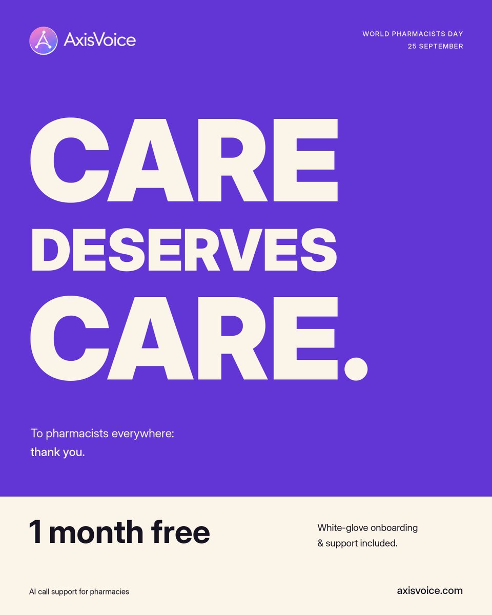 AxisVoiceAI's tweet photo. Care deserves care. 💜

This World Pharmacists Day, we’re celebrating the people who keep communities supported every day and giving pharmacies 1 month free with white-glove onboarding.

#WorldPharmacistsDay #Pharmacy #Pharmacists #HealthTech #VoiceAI #AxisVoice https://t.co/fu1zUlrC2h
