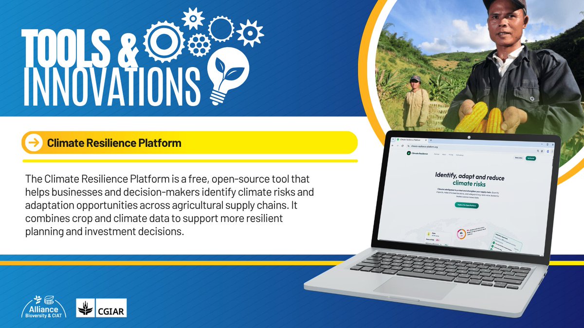 BiovIntCIAT_eng's tweet photo. 🌦️How can agriculture prepare for a changing climate? 
The Climate Resilience Platform helps identify climate risks and adaptation opportunities across agricultural supply chains to support smarter planning and investment decisions🌱 
👉 Explore the tool: https://t.co/Dm7g2fG5iD https://t.co/Mq6KdJ06JY