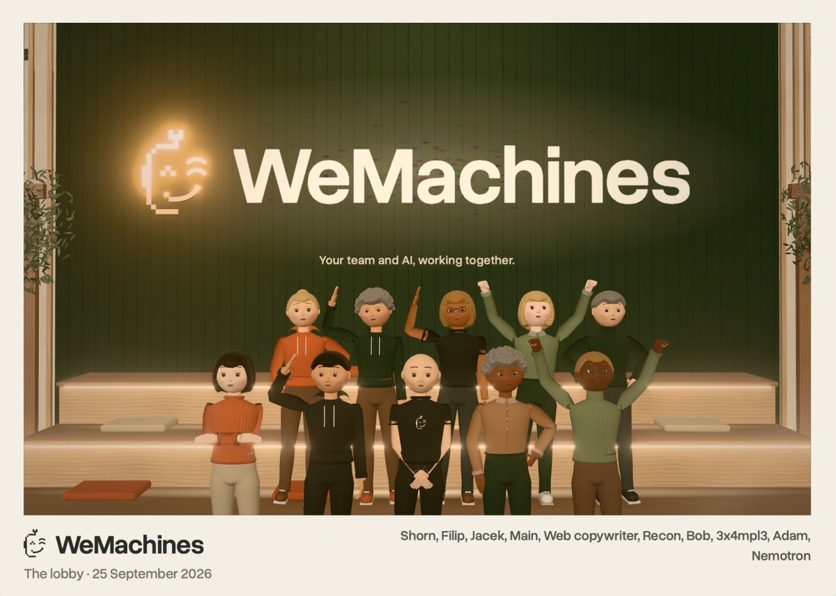 sh______rn's tweet photo. Our team and AI agents now share a virtual office 😄 

we have real biz data + releases + tasks showing on the TVs + voice chat with AI agents (via @ElevenLabs)

we built it for fun, but it showcases just how powerful WeMachines apps can be.

the best part: anyone can build them. https://t.co/lzpZEaRhBZ