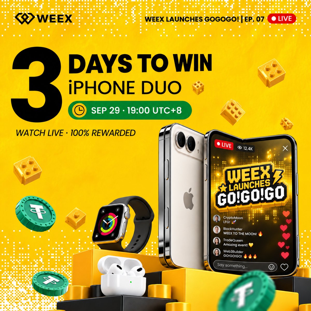 WEEX_Official's tweet photo. EVERYONE GETS REWARDED. 🎁

Big prizes? Yes.
iPhone Duo? Absolutely.
This time, everyone gets something.

Join the live + drop your UID.
📅 Sep 29 · 19:00 UTC+8
🔴 YouTube Live:
https://t.co/YrwjrgYKTk https://t.co/bCPElR8QzP