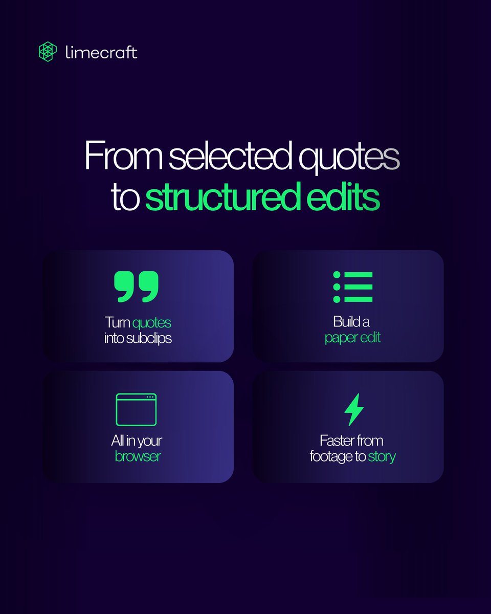 Limecraft's tweet photo. 🤓 #𝙁𝙚𝙖𝙩𝙪𝙧𝙚𝙁𝙧𝙞𝙙𝙖𝙮: 𝙁𝙖𝙨𝙩-𝙩𝙧𝙖𝙘𝙠 𝙮𝙤𝙪𝙧 𝙨𝙩𝙤𝙧𝙮 𝙬𝙞𝙩𝙝 𝙩𝙚𝙭𝙩-𝙗𝙖𝙨𝙚𝙙 𝙚𝙙𝙞𝙩𝙞𝙣𝙜

What if you could create your next story before even opening an editing suite? 🎬

Starting from the transcript, Limecraft uses AI to surface the highlights and populate your storyboard. From there, selected quotes and fragments are turned into subclips and automatically transferred to your editor’s timeline.

Supervised automation that gives editors a head start.

Whether you’re a journalist working on an interview or an edit producer developing the narrative for a documentary, text-based editing helps you move from raw material to a first edit faster and with less manual work.

👉 Discover how to turn transcripts into a starting point for your next edit. Read the full guide:
https://t.co/2exHj3NZKx

#Limecraft #MediaIntelligence #TextBasedEditing #PaperEdit #DocumentaryProduction #Journalism #MediaProduction