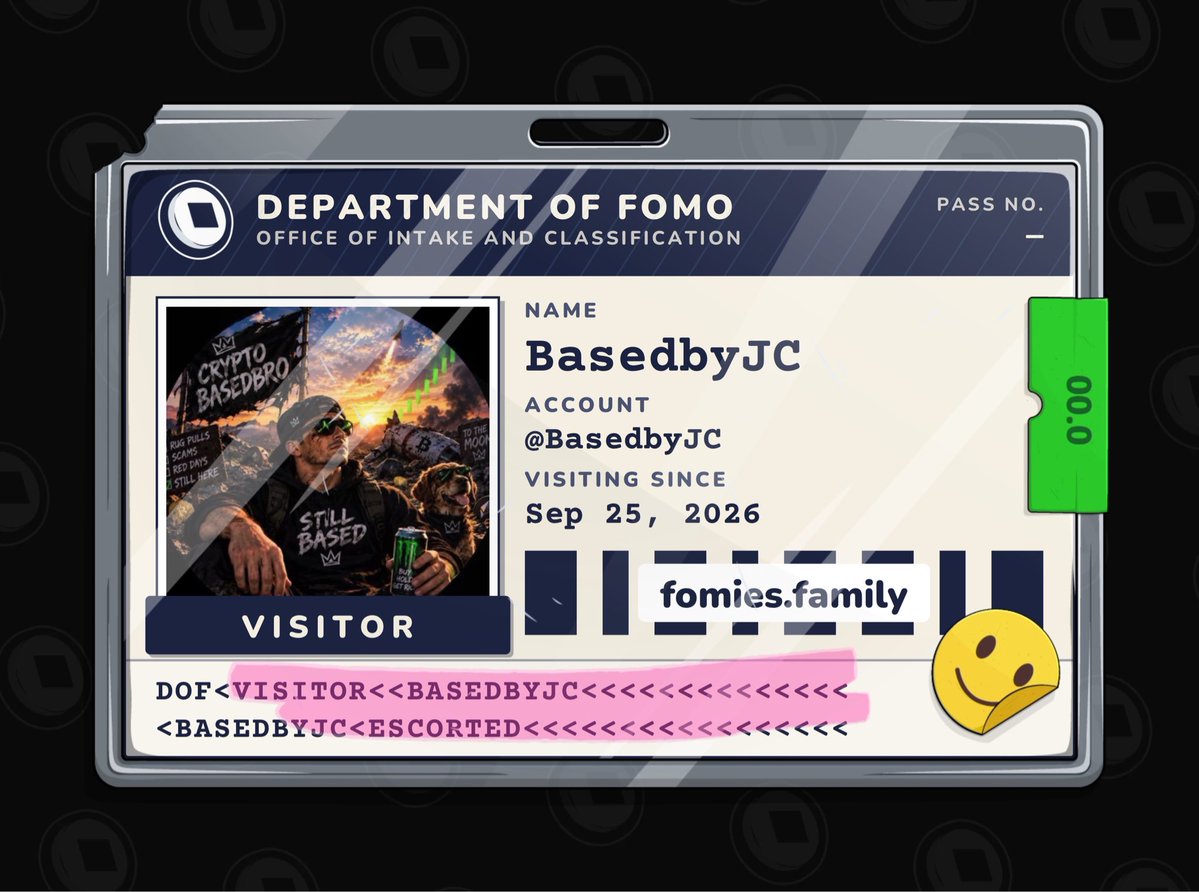 BasedbyJC's tweet photo. visiting the department of fomo. no case yet. must be escorted at all times. @FomiesNFT

https://t.co/vTx8E3wQjs https://t.co/JObXramNFl