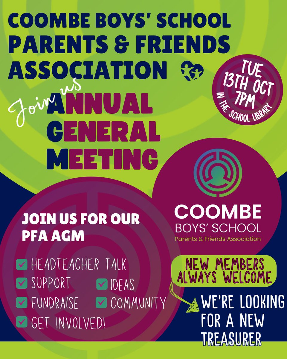 CoombeBoysNews's tweet photo. 📅 DATE FOR THE DIARY! Join us for the Coombe Boys’ PFA AGM on Tue 13 Oct, 7pm in the Library.
Hear Mr Smith’s Annual Headteacher’s Report & catch up on PFA activities. New members welcome! We’re also seeking a new Treasurer. Get in touch by 9 Oct: cbspfa@coombe.org.uk
#CBSPFA https://t.co/3oMe49287T