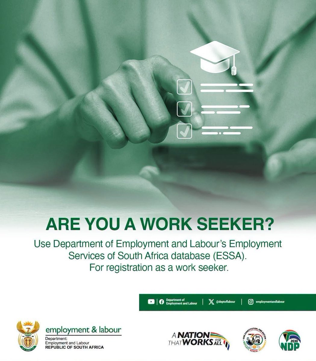City_Ekurhuleni's tweet photo. Young people can register on the Department of Employment and Labour’s ESSA database to access employment opportunities and services.
👉 Register: https://t.co/kj3yglGJof
#WorkSeeker #GovZAUpdates https://t.co/uEEOLbXRs1