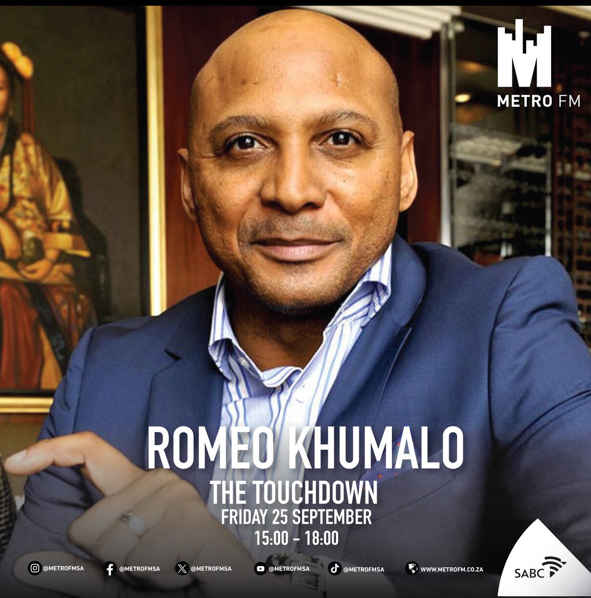 METROFMSA's tweet photo. Celebrating the legacy behind 40 years of METRO FM. 

Today on The Touchdown, we’ll be joined by Romeo Khumalo, one of the voices who helped shape METRO FM’s transformative years. #METROFM40 #TheSounfOfUs https://t.co/60xdnNk7CS