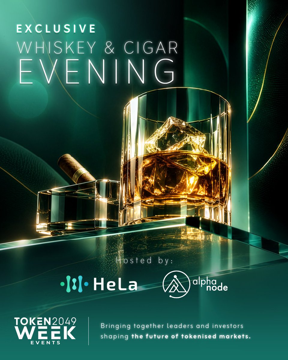 Hela_Network's tweet photo. Where Digital Asset Leaders Meet Over Fine Whiskey.

We’re back with @Alpha_Node_ for another exclusive Whiskey & Cigar Evening during @token2049, bringing together builders, investors, leaders, and innovators shaping the future of tokenised markets.

This year, the conversation goes deeper into:
Tokenisation. RWA. Yield. DeFi.

No panels.
No presentations.
No stage.

Just an intimate setting to exchange insights, explore opportunities, and connect with the people driving what’s next.

Three sessions. Limited seats. Invite-only.

🗓 5 October
7–9 PM → https://t.co/ODUsOANo0c
9–11 PM → https://t.co/tIWzFlUavd

🗓 8 October
8–11 PM → https://t.co/9tyfZHDp7E

Come raise a glass and be part of the conversation.