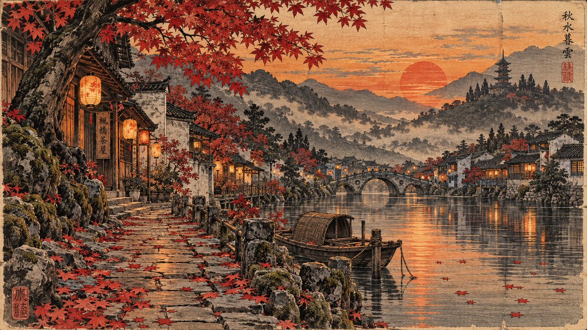 ghibli_dreams's tweet photo. 静かな川辺に広がる秋の魔法。🍁🏮🌅 赤く染まる紅葉、やさしく灯る提灯、そして山の向こうに沈む夕日。どこか懐かしく、時を忘れるような風景
#JapaneseArt #AutumnJapan #MapleLeaves #LanternLight #SunsetGlow #VintageJapan #WoodblockStyle https://t.co/XLYDM5c2ME