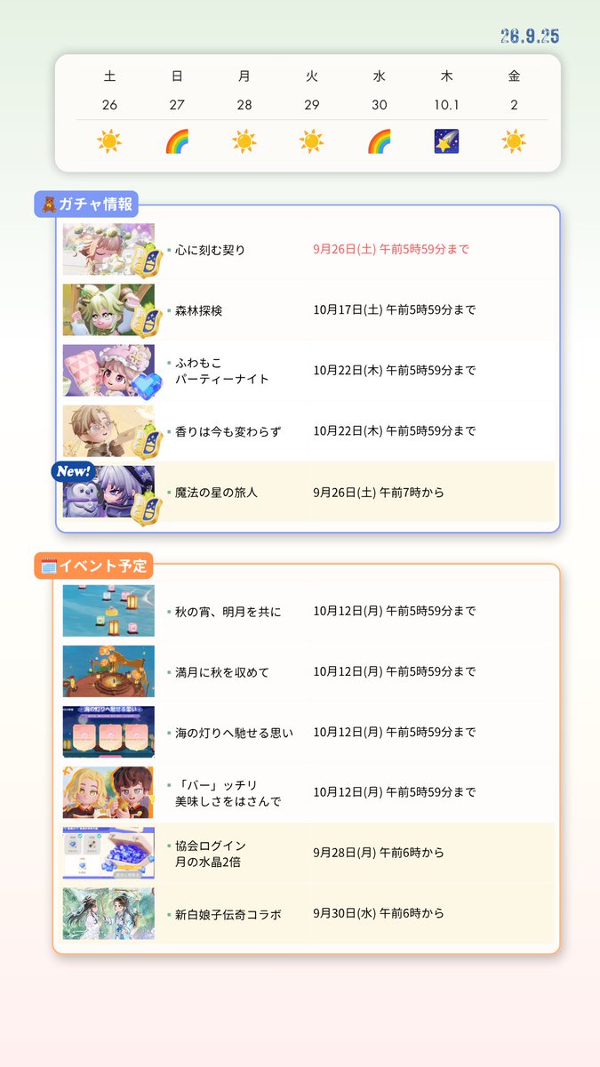 sylfley's tweet photo. 🔸ガチャ「心に刻む契り」が終了間近です。

🔸イベント「満月に秋を収めて」の商店では"キンモクセイジャム"に購入上限があります。

🔸レシピ「カスタード月餅」で「月うさぎのとろとろ月餅」を所持していると、単価の関係で材料に入ってしまうため、使いたくない場合は倉庫へ。 https://t.co/xQsYEKNGCK