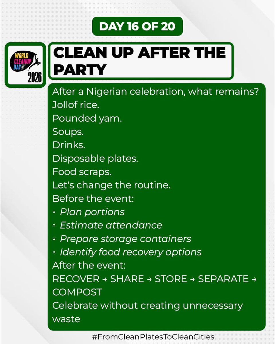 BenueAID's tweet photo. Day 16 — Clean Up After the Party
After a Nigerian celebration, what remains?
Jollof rice. Pounded yam. Soups. Drinks. Disposable plates. Food scraps.
Let's change the routine.
#BenueAID
#CleanPlatesCleanCities
#WorldCleanupDay2026 https://t.co/pJ2z0QacUe