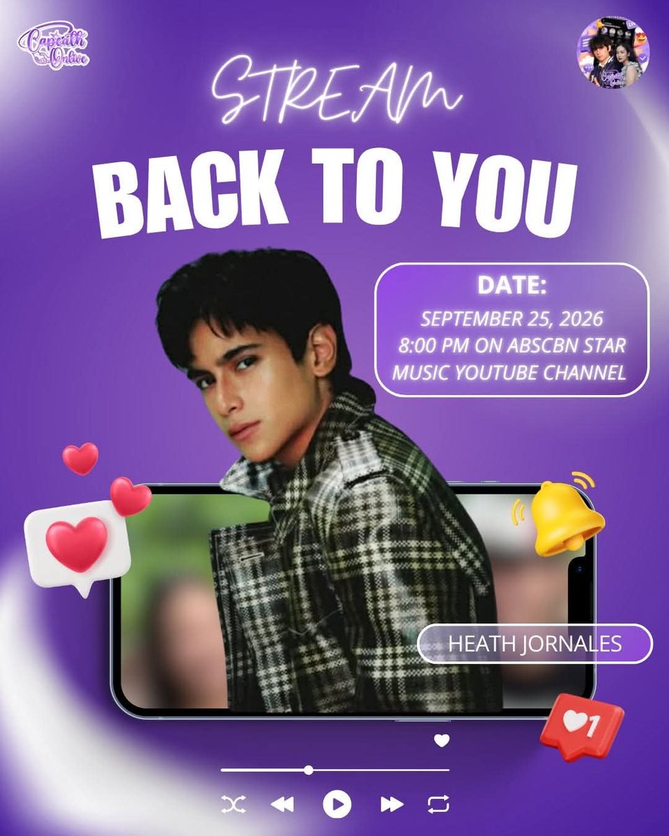 capeathOnlive's tweet photo. 🎬 BACK TO YOU (MAIN VERSION) 🎬

Heath Jornales’ “Back To You” 𝙊𝙛𝙛𝙞𝙘𝙞𝙖𝙡 𝙈𝙪𝙨𝙞𝙘 𝙑𝙞𝙙𝙚𝙤 is dropping TONIGHT! 🩵

📅 September 25, 2026
⏰ 8:00 PM
▶️ ABS-CBN Star Music YouTube Channel

🎧 𝗛𝗼𝘄 𝘁𝗼 𝗦𝘁𝗿𝗲𝗮𝗺

Go to the ABS-CBN Star Music YouTube Channel at 8 PM.
Search for “Heath Jornales – Back To You (Main Version)”.

Watch the official music video from start to finish.
Like, comment, and share the MV.
Rewatch every 20 minutes and share the link to help more people discover the song! 💜

✨ STREAM. WATCH. SHARE. REPEAT.
BACK TO YOU MV OUT TONIGHT! 🚀

#Capeath #HeathJornales