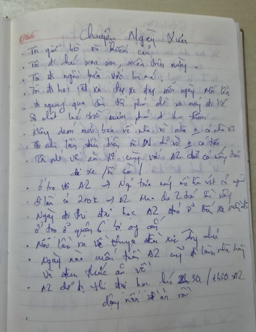 A page of handwritten notes in Vietnamese titled 'Chuyên Nghiệp Viên' (Professional), containing study tips about exam scheduling, A1/A2 exam limits per day, and study schedules with times like '8h-16h' and '21h30'.