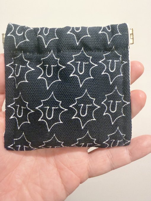 A hand displays a small black fabric pouch decorated with a repeating white pattern of stylized shapes with the letter "U" in the center, likely a handmade test piece referenced in the post as a "spring pouch" or small accessory case concept.