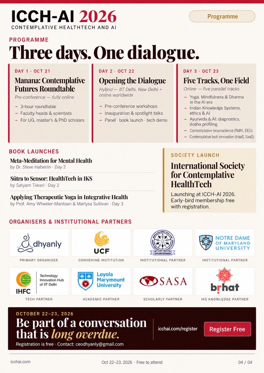 ICCHAI2026's tweet photo. 🌍 Join ICCHAI 2026 — the International Conference on Contemplative healthteach &amp; Artificial Intelligence.
Connect with researchers, academicians, professionals, and students from around the world for insightful discussions.
🔗 Register: https://t.co/4GMrqrJVmX https://t.co/wEZ0PCCLkV