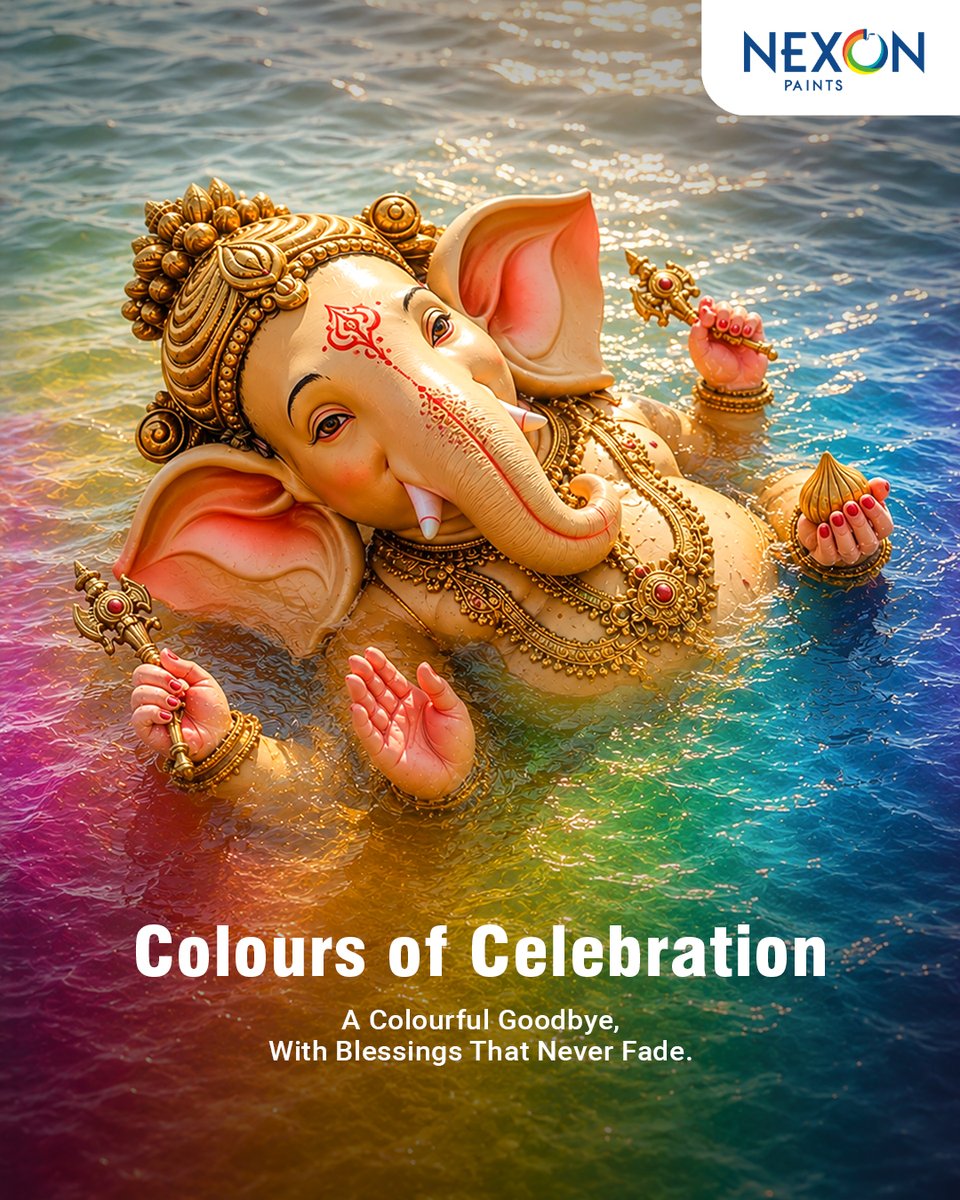 NexonPaints's tweet photo. As we bid farewell to Bappa, His blessings and the colours of celebration stay with us.

May this Ganesh Visarjan bring peace, prosperity and brighter beginnings to every home.

#NexonPaints #GaneshVisarjan #ColoursOfCelebration #GaneshChaturthi https://t.co/KYjPaTfN61
