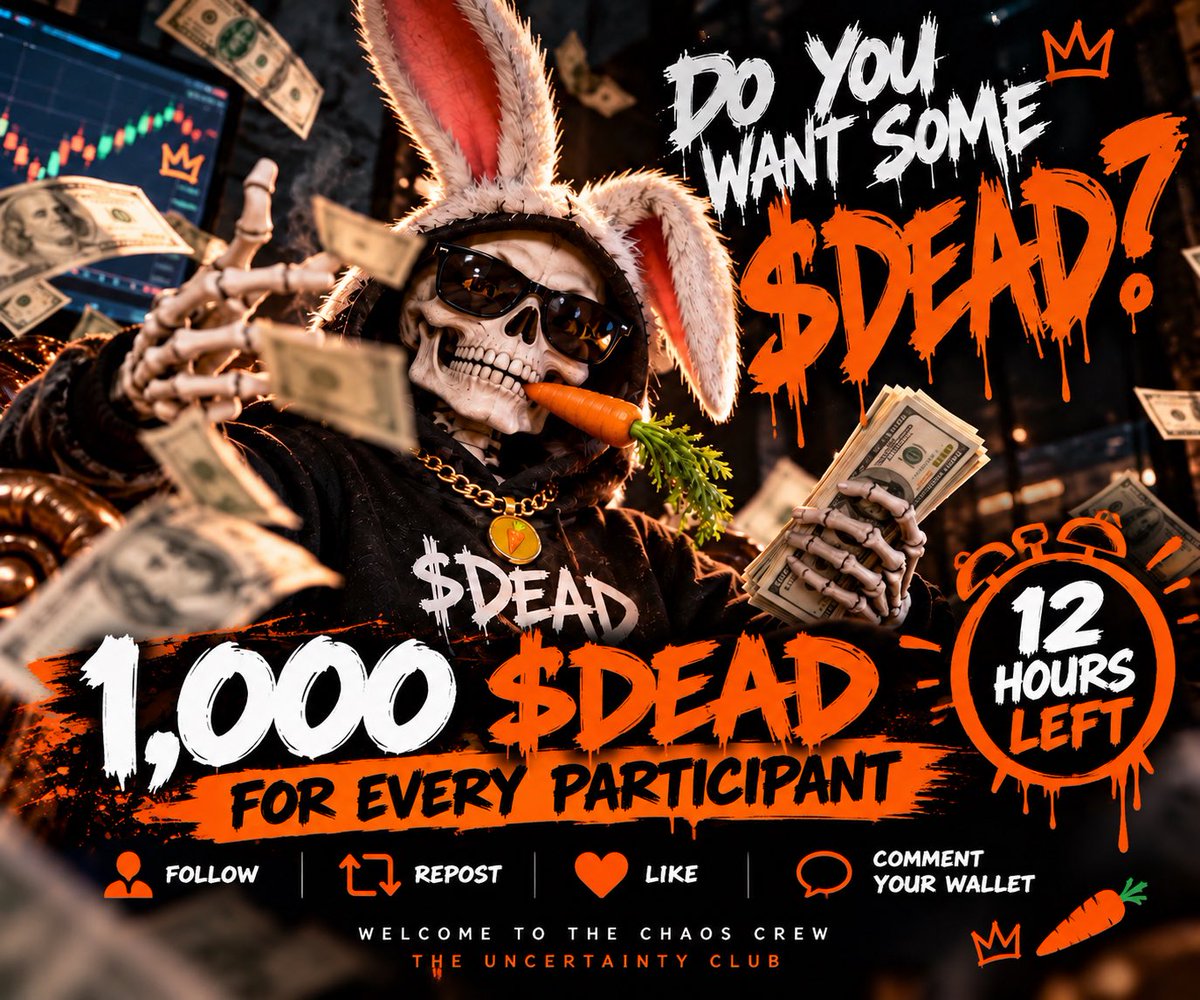 DeadInternet26's tweet photo. @Ondo 

☠️ 1,000 $DEAD FOR EVERY PARTICIPANT ☠️

⏳ ONLY 12 HOURS LEFT.

Not one winner. EVERYONE who qualifies gets 1,000 $DEAD.

❤️ Like
🔁 Repost
➕ Follow
💬 Comment your wallet

Welcome to the Chaos Crew.
Welcome to the Uncertainty Club. 💀🥕

#DEAD #Solana #Memecoin #CryptoGiveaway
