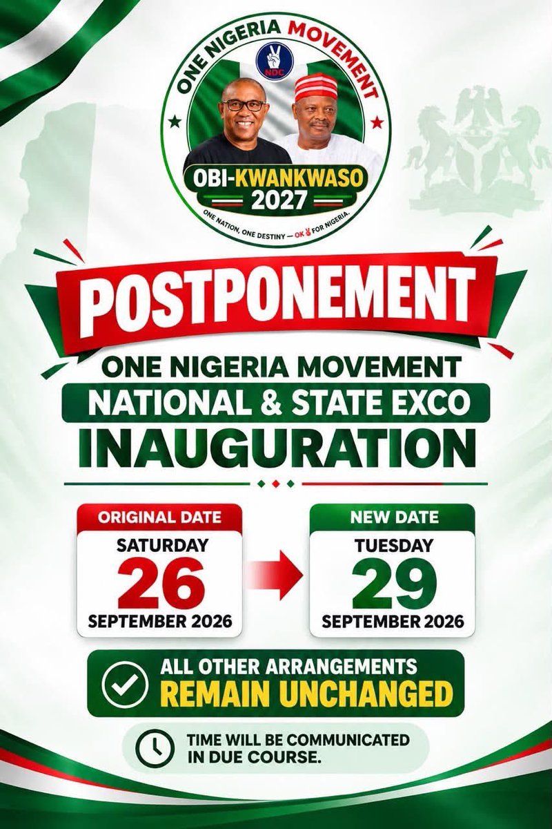 onenigeriaogun's tweet photo. FOR IMMEDIATE RELEASE

CHANGE OF DATE FOR THE INAUGURATION OF ONE NIGERIA MOVEMENT NATIONAL AND STATE EXECUTIVES https://t.co/jnzVMpfHYK