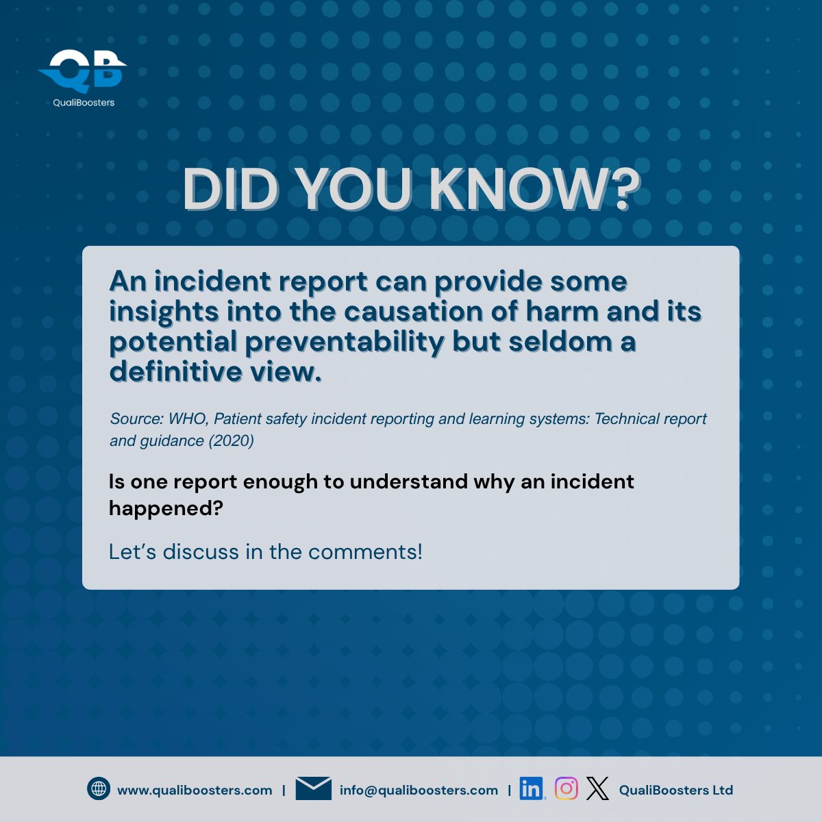 qualiboosters's tweet photo. One incident report can provide valuable insight, but understanding the full picture may require looking at other contributing factors.
Reference: https://t.co/pOhSEpilAT
#PatientSafety #HealthcareQuality #QualityImprovement #IncidentReporting #QualiBoostersLtd https://t.co/B1ivrEtsm6